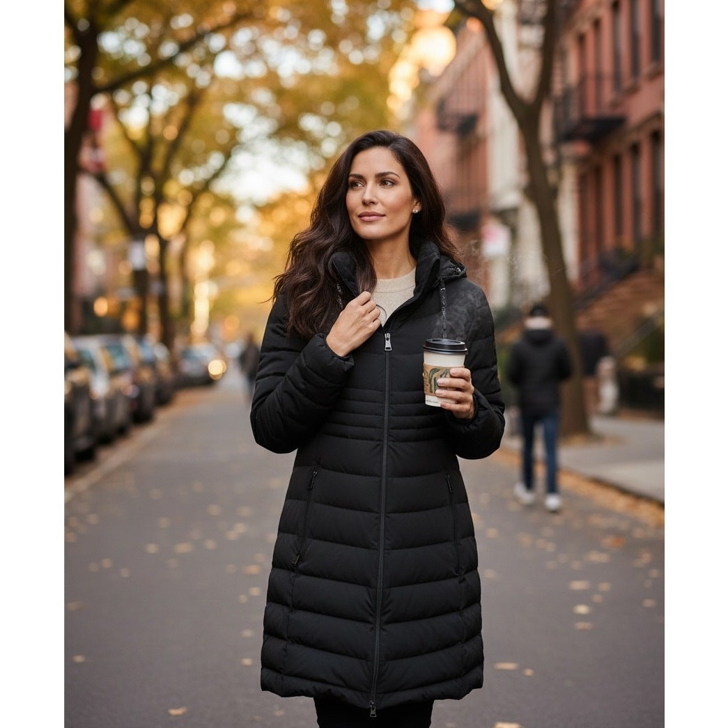 DKNY down-filled puffer coat, hooded mid-length, size L