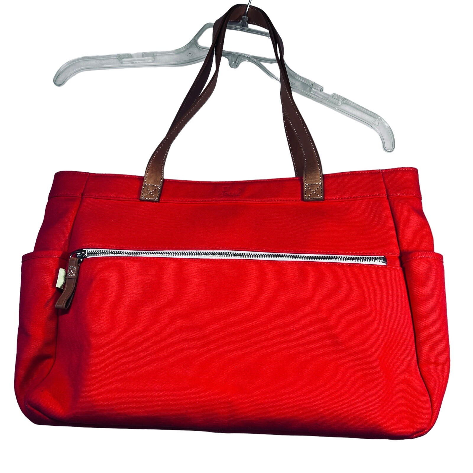 Fossil Orange Coated Canvas Purse Hand Bag Leather Handles Front Zip Pocket Tote