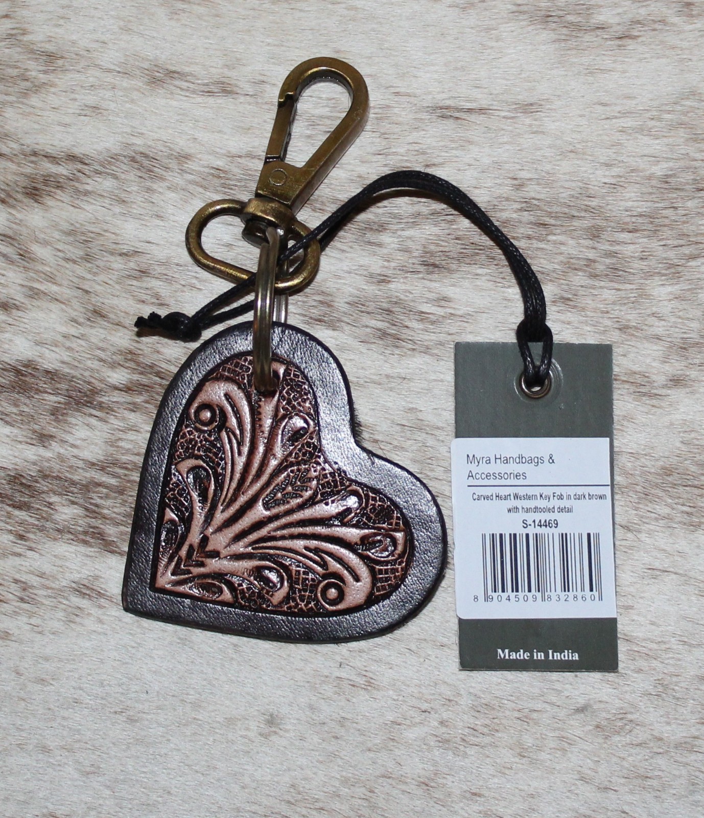 Myra Bag #14469B Key Fob 2″x2.25″ Hairon, TooledLeather~Western Heart~Charm~Snap