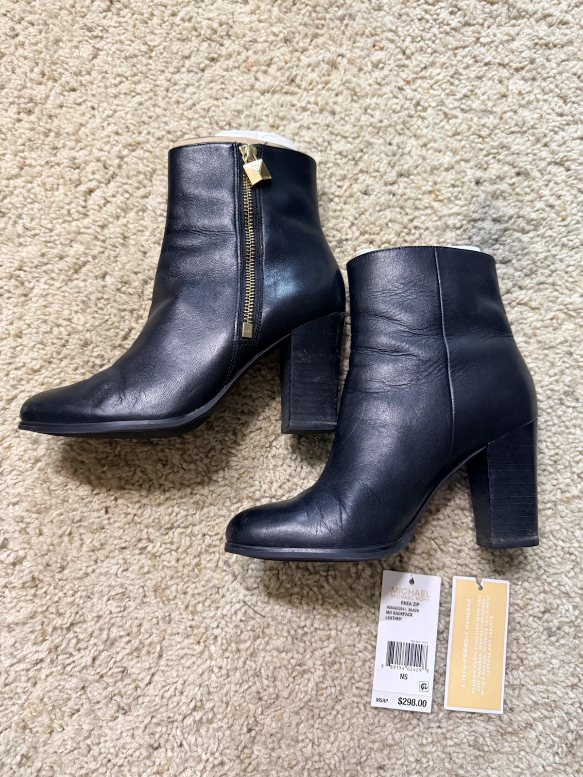 NIB Michael Kors Black Leather Ankle Boots Booties Size 6M Gold Zipper Padlock