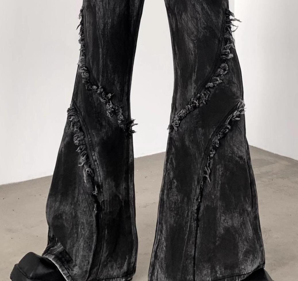 Men’s Black Denim Jeans Flared Casual Punk Hip Hop Trousers Tassels Pants New