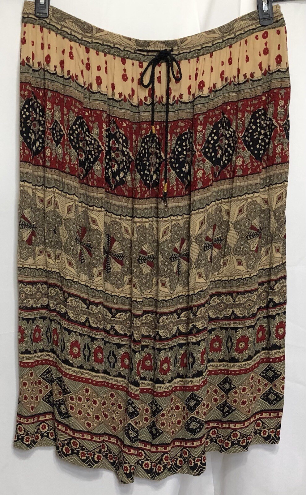 Vintage Midi Flowy Skirt PL Brown Red Geo tribal 40″W Funky Boho Grunge Hippie