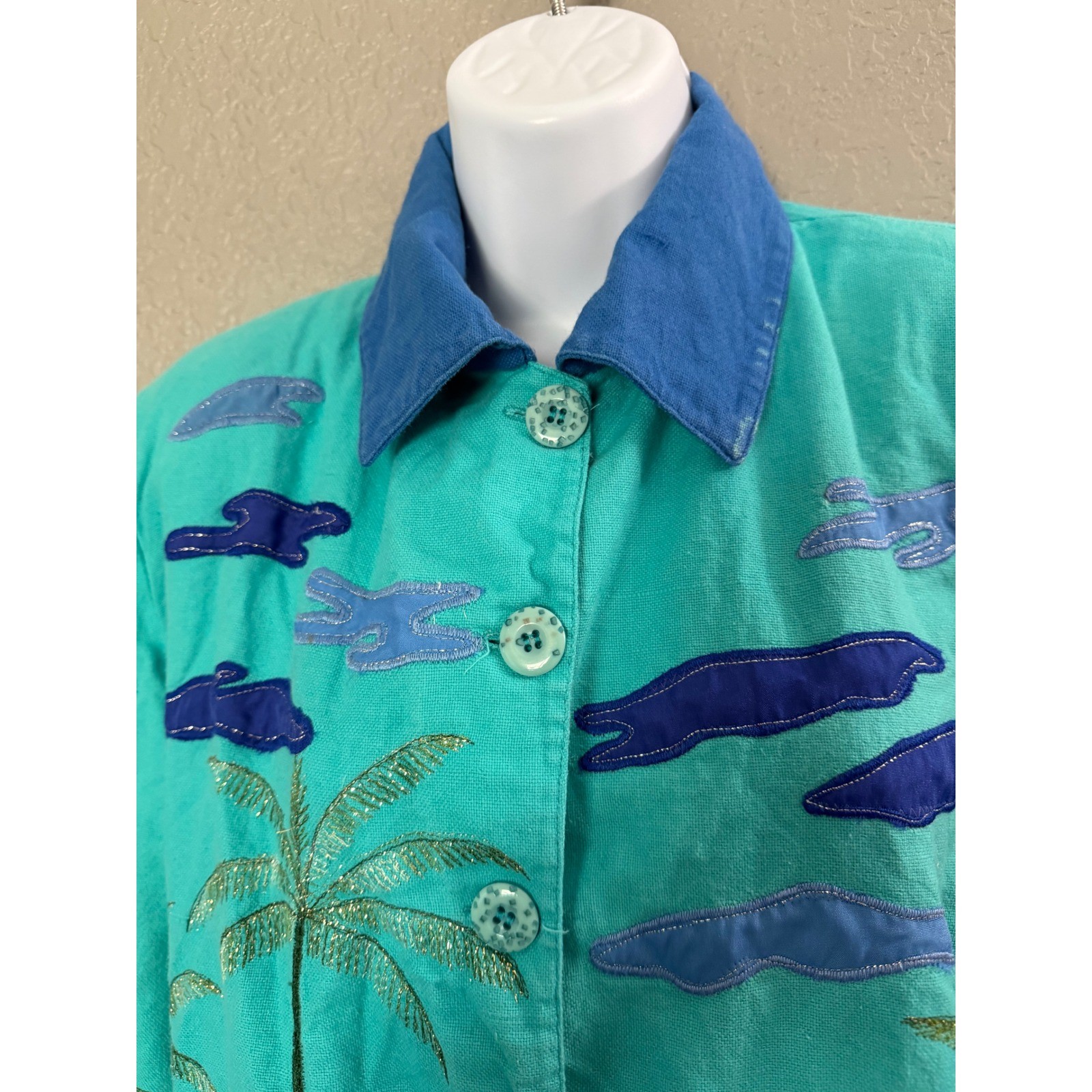VTG Anage Jacket S Teal Palm Tree Cityscape Applique Travel Novelty Art To Wear