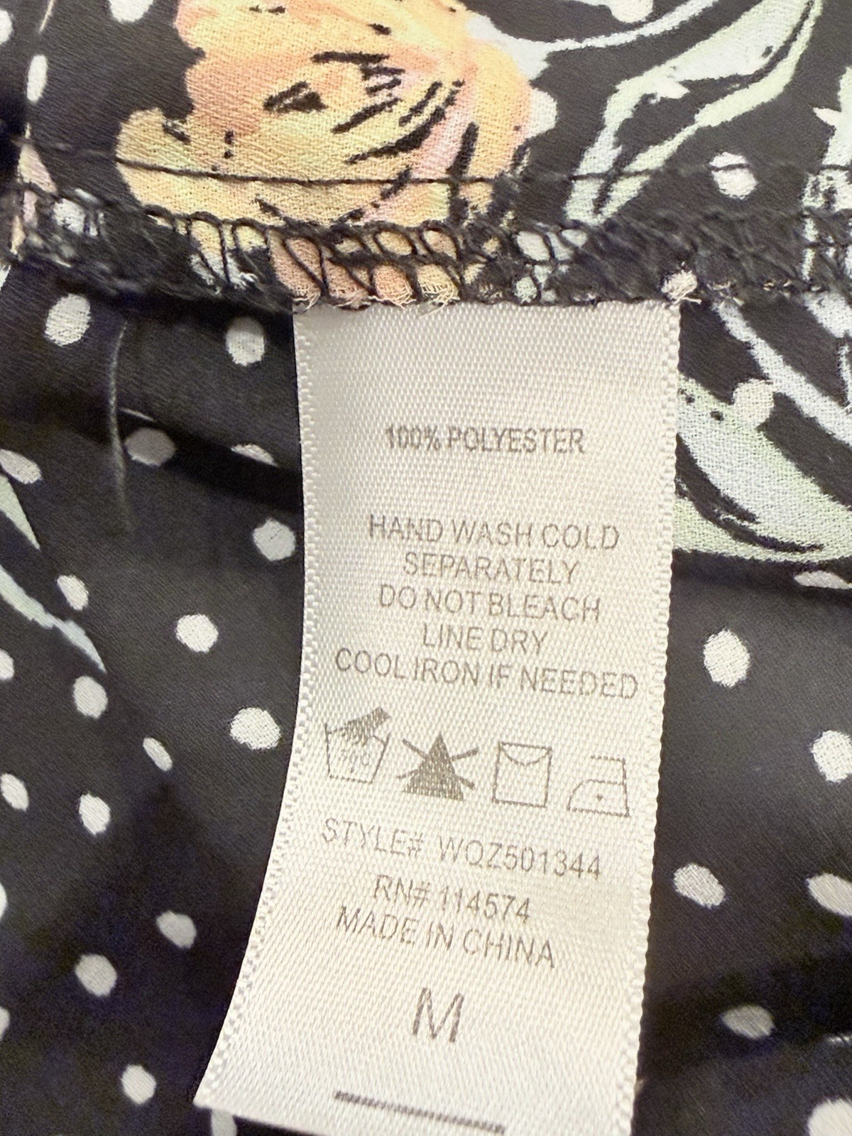 Pleione Women’s Chiffon Blouse Sz Medium Black Floral Polka Dot Scoop Neck Shirt