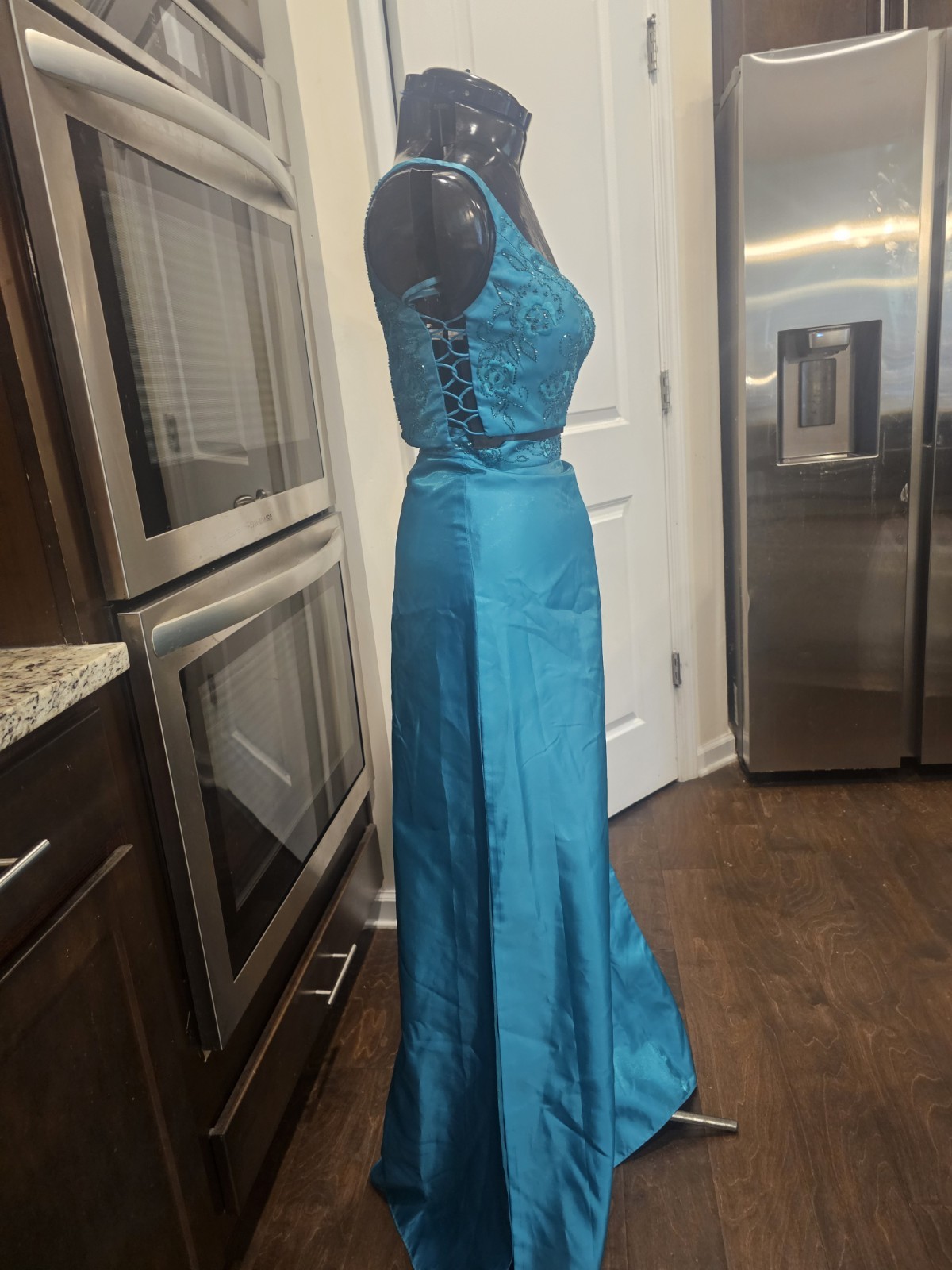 Alyce Design Blue Green Teal Beaded Two Piece Dress 6