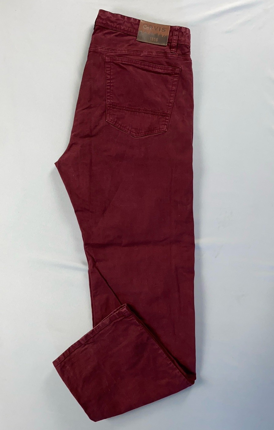 Orvis 2ZEY Men’s 5-Pocket Stretch Cotton Jeans, Pants. Burgundy, Men’s 38X34 EUC