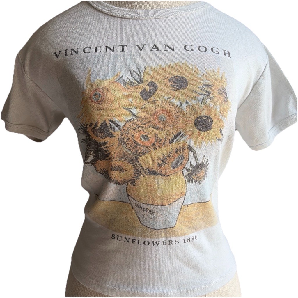 VINYL Women’s White Vincent van Gogh Sunflowers Graphic Tee Crew Neck L