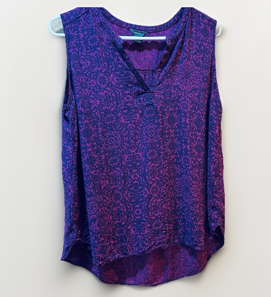 Eddie Bauer Women Large Purple Pink Printed Sleeveless Blouse Bi Level Top