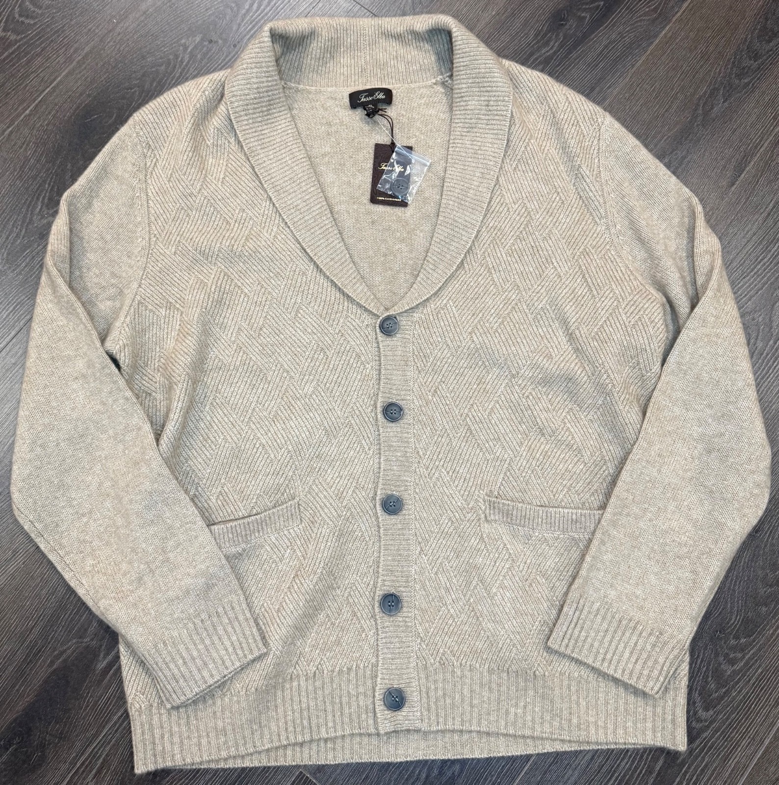 Tasso Elba Tan Beige Textured Pattern 100% Cashmere Shawl Cardigan Sweater – XL