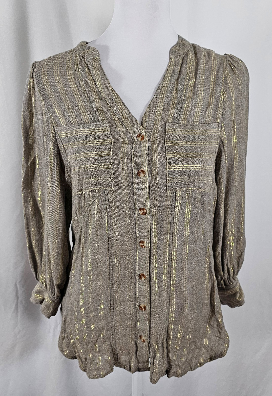 Anthropologie Akemi Kin Womens Blouse Gray Sparkly Gold Rayon Wool Size 2