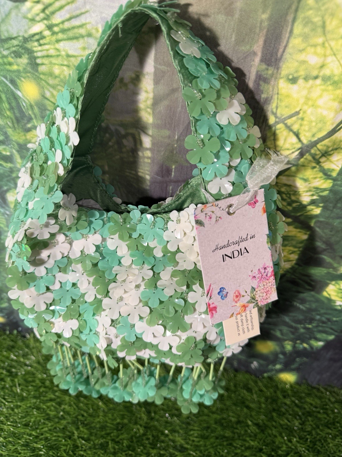 Handcrafted In India Green And White Beaded Shoulder Bag NWT