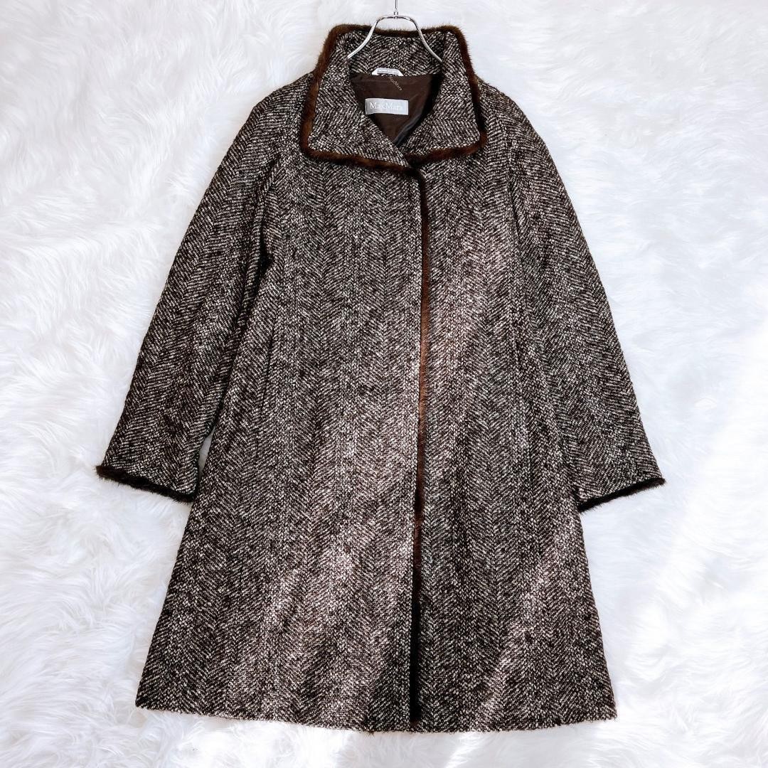 Max Mara mink fur coat, wool, brown tweed, size L