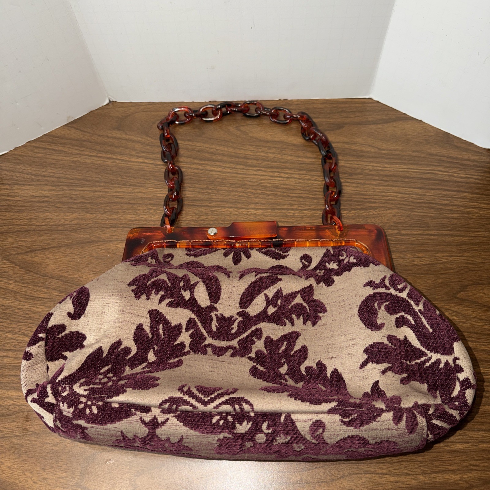 Vintage Tapestry Amber Tortoise Shell Lucite Chain Strap Purse