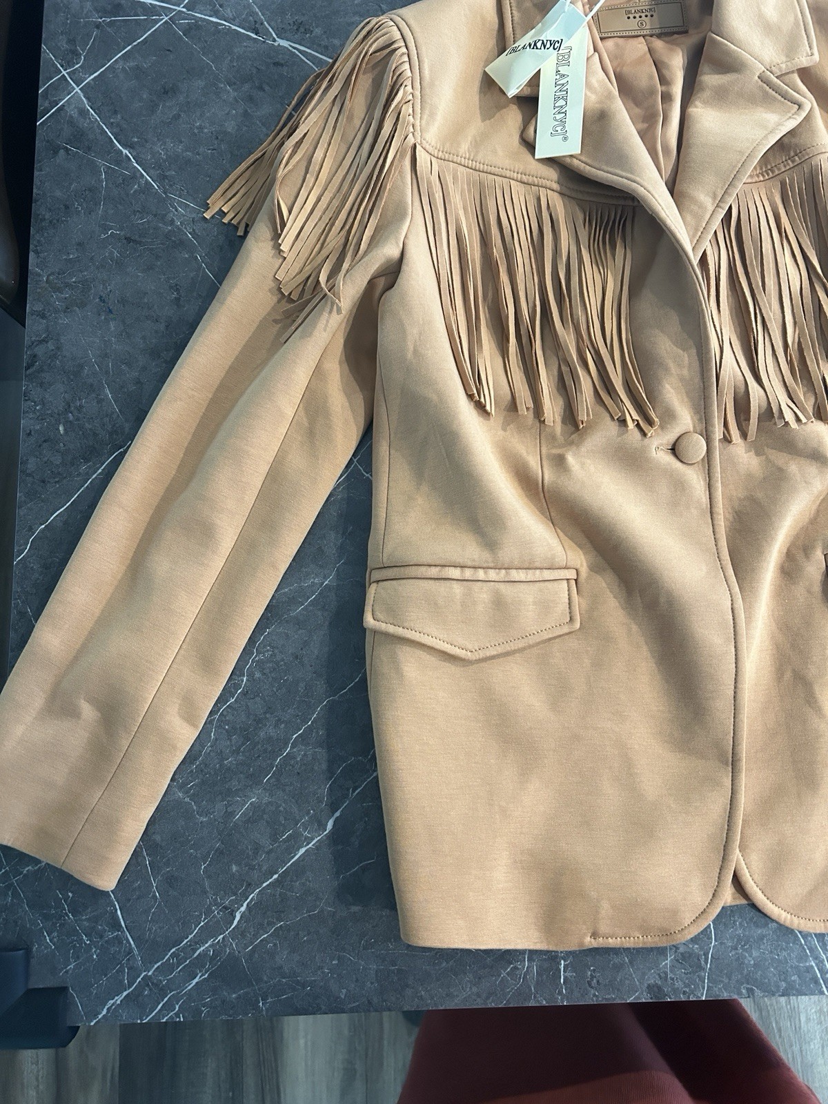 BLANKNYC Women’s Beige Western Fringe Blazer Jacket Cowgirl /rayon polyester