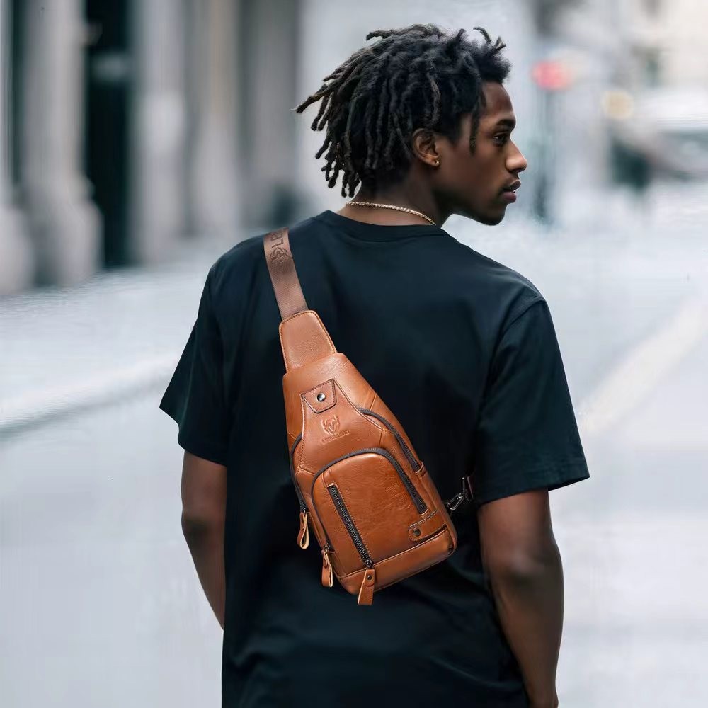 Men Sling Backpack Chest bag Crossbody Bag 100% Genuine Leather Shoulder Bag NEW