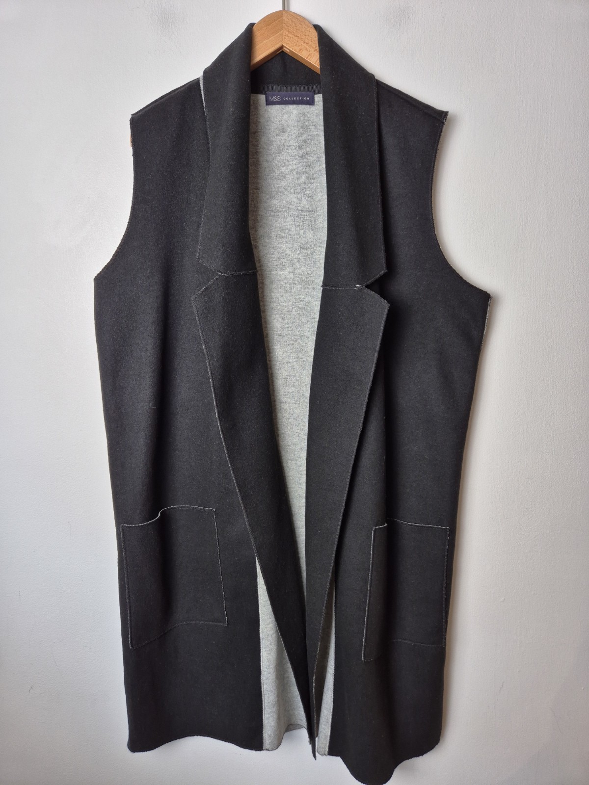 M&S Wool Black & Grey Long Line Sleeveless Coatigan Size Large Wool Blend