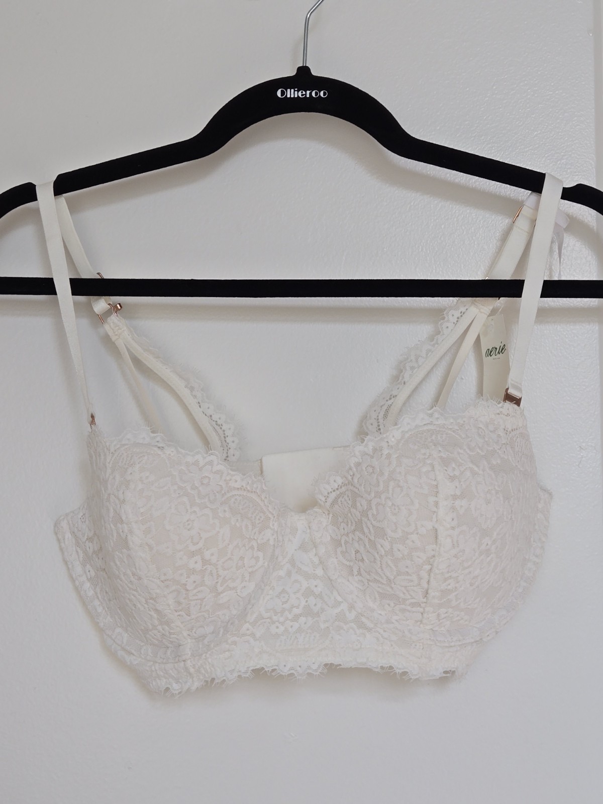 Aerie Real Power Balconette Lightly Lined Eyelash Lace Bra 32DD Off-White Cream