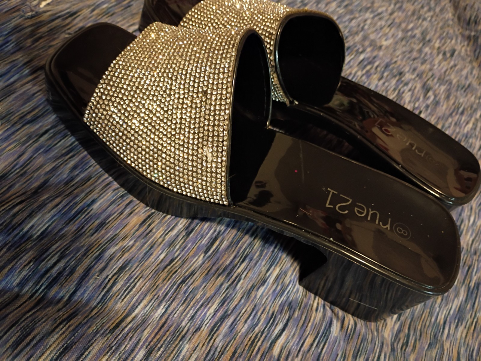 Black Slide Mules with Silver Crystal Band