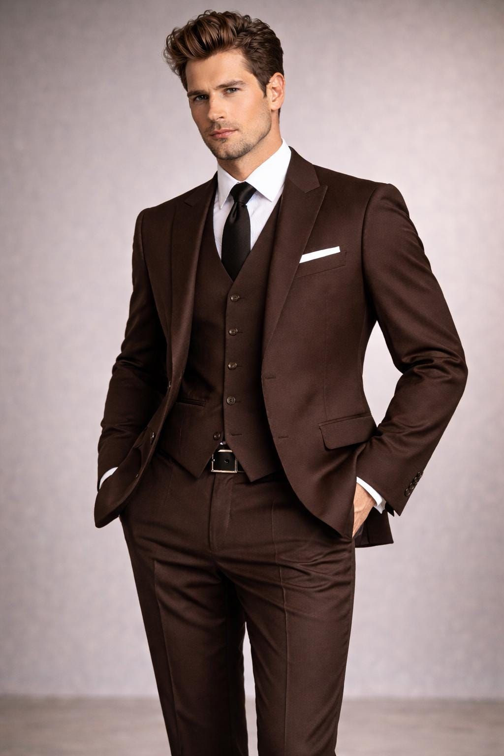 Peak Lapel Men’s 3Pcs Suit Formal Business Tuxedos Blazer Evening Jacket Coat