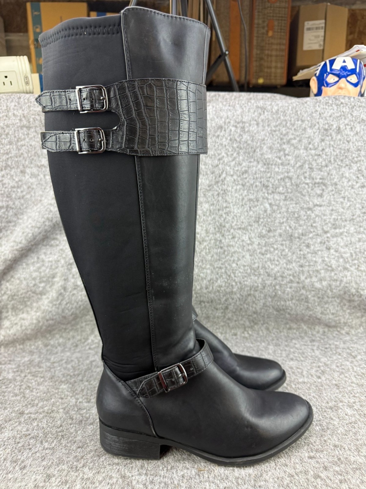 ✅Womens 9M Nicole Tess Black Knee-High Riding Boots Side-Zip Double Buckle Strap