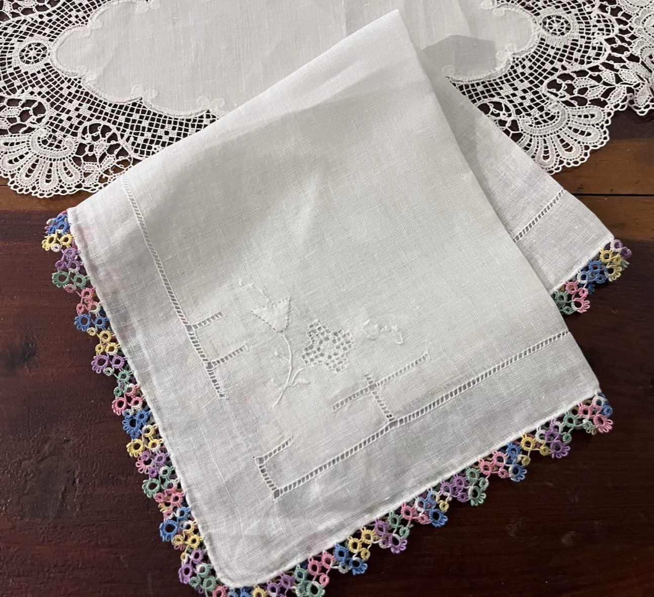 VTG Embroidered & Tatting Handkerchief Hanky, Wedding, Bridal, Bride, Trousseau