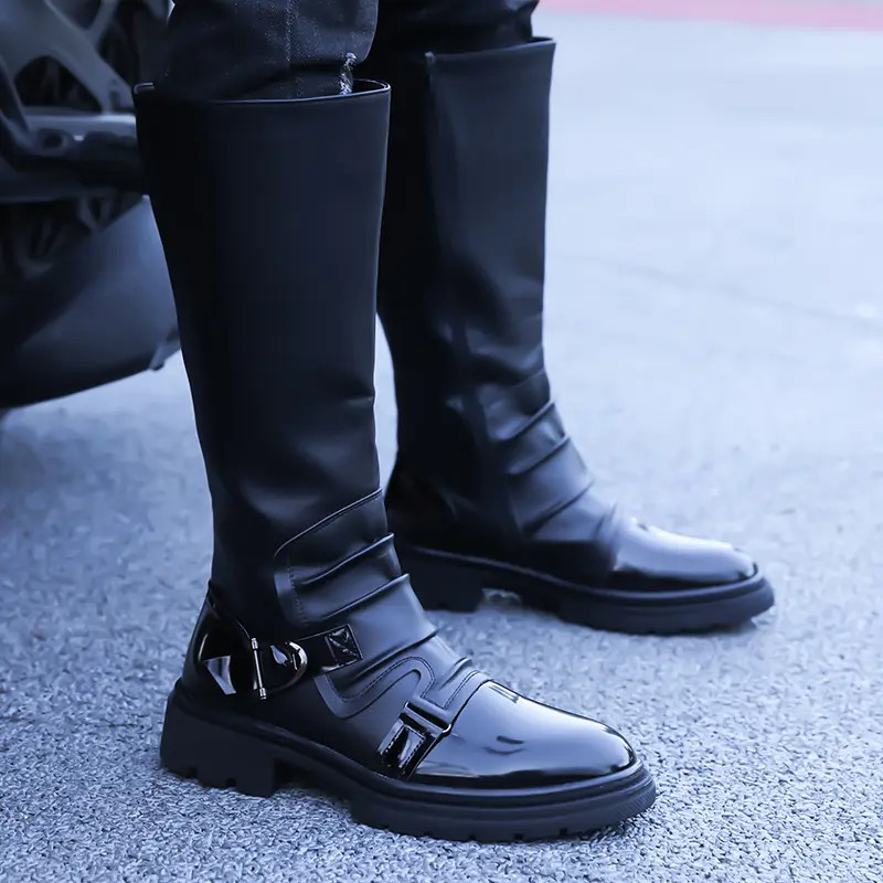 Mid Claf Boots Men’s Vintage Pleated Patent Leather Riding Motorcycle Punk Shoes