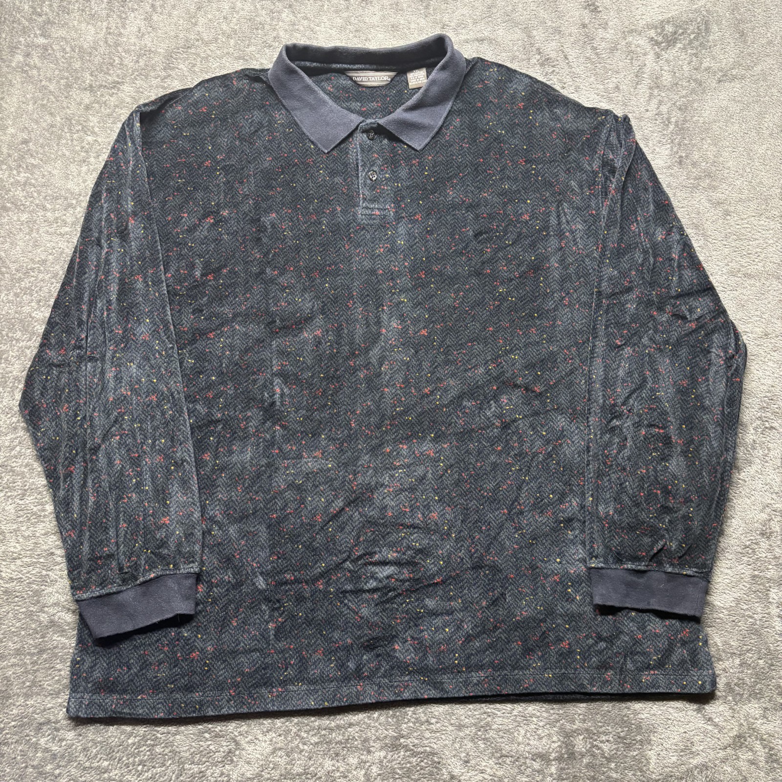 Vintage David Taylor Polo Shirt Mens XXL Blue Long Sleeve Velour Confetti Preppy