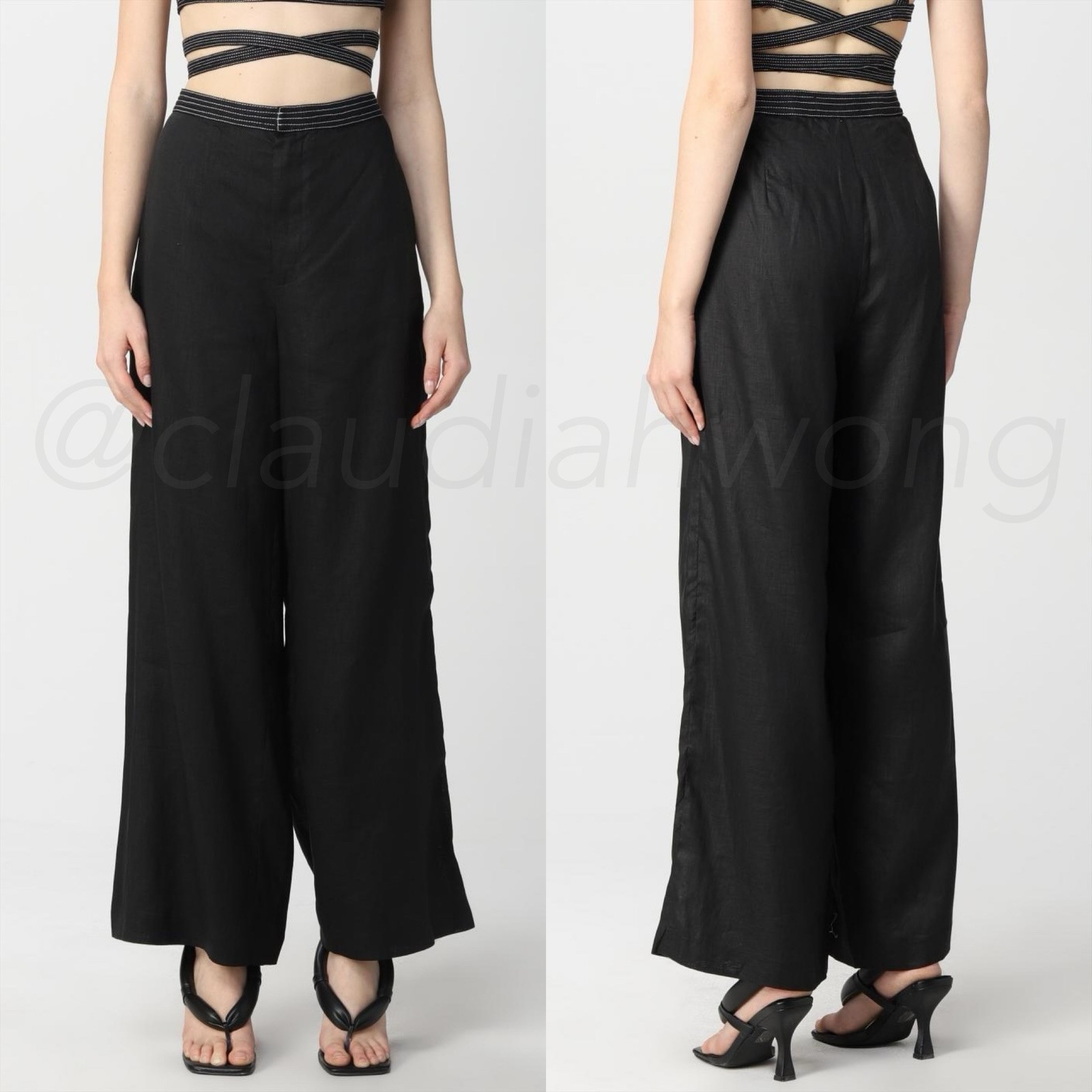 SIR THE LABEL 2-Piece Vilma Linen Black Wrap Bra Top + Wide Leg Pants SET Sz S