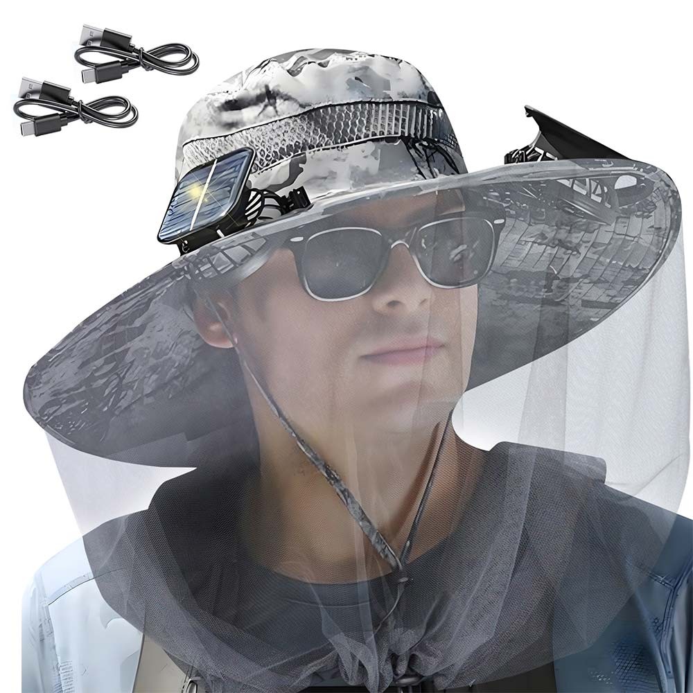 Wide Brim Sun Hat with Solar & USB Powered Dual Fan for Outdoor Fishing Hiking