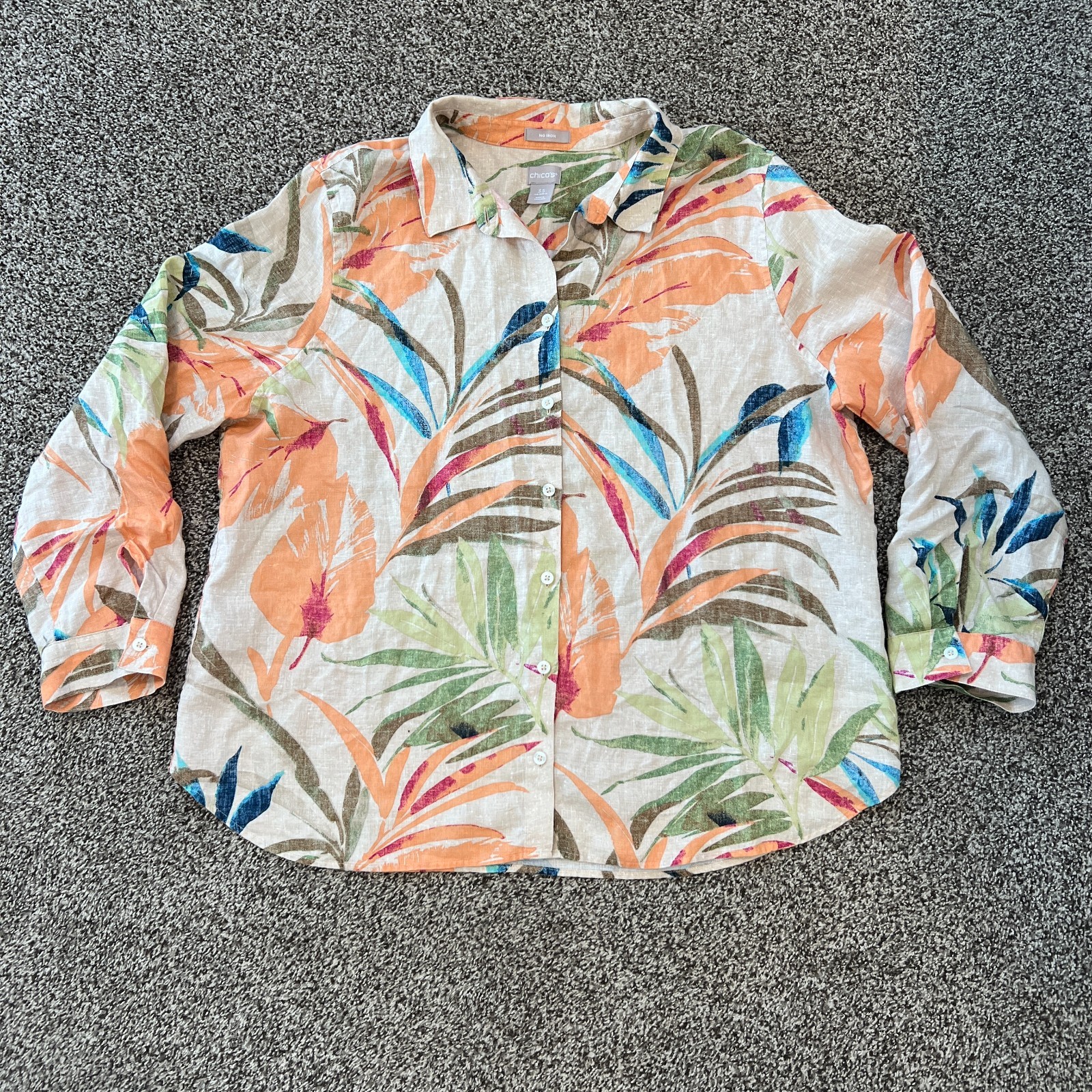 CHICO’S 3.5 XL 18 100% Linen No Iron Floral Sina Top Watercolor Roll Up Sleeve