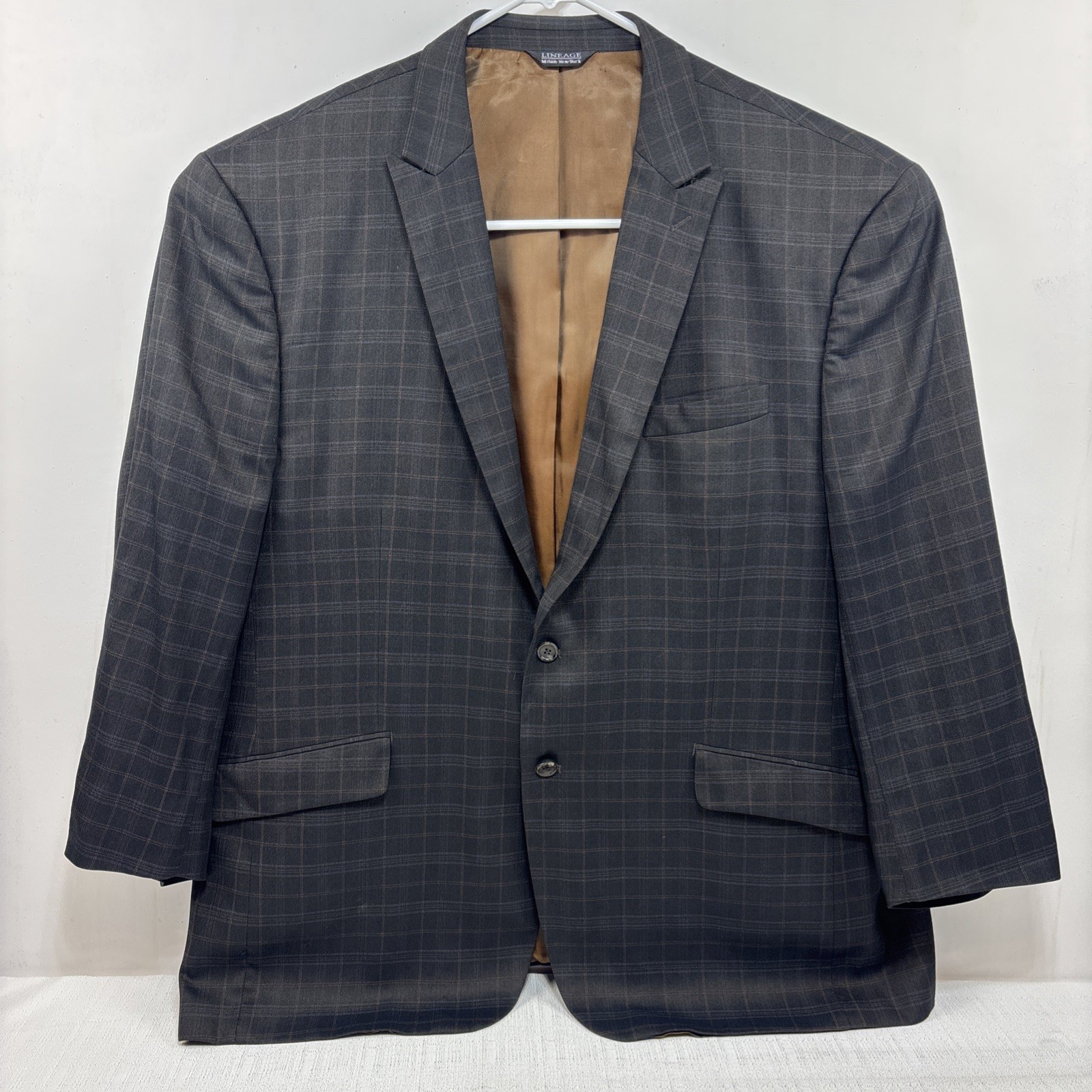 Lineage Men’s Plaid Blazer Size 54R Gray Brown Blue Check Pattern Suit Jacket