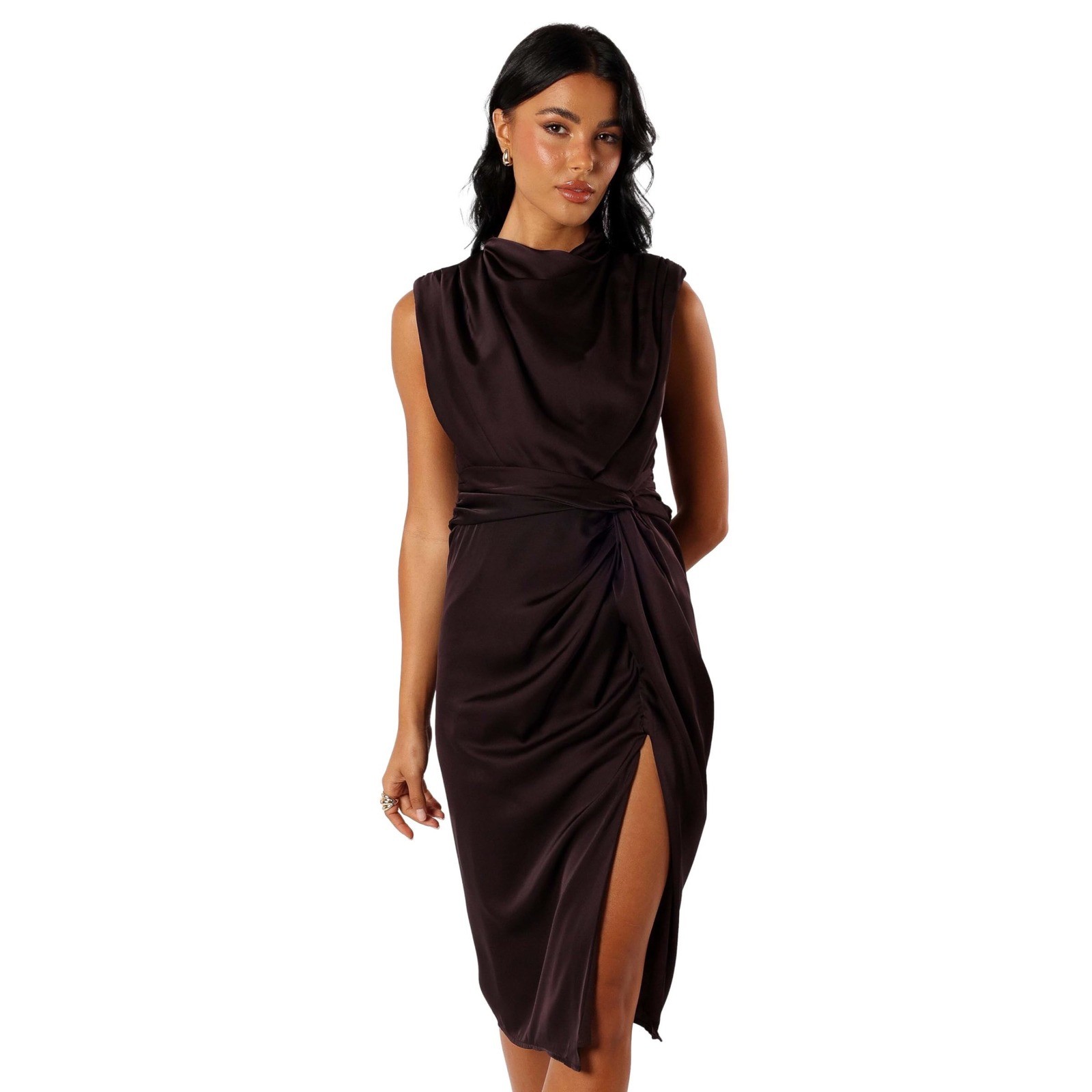 NWT Petal + Pup Satin Midi Dress High Mock Beck Brown Sleeveless Elegant Wedding