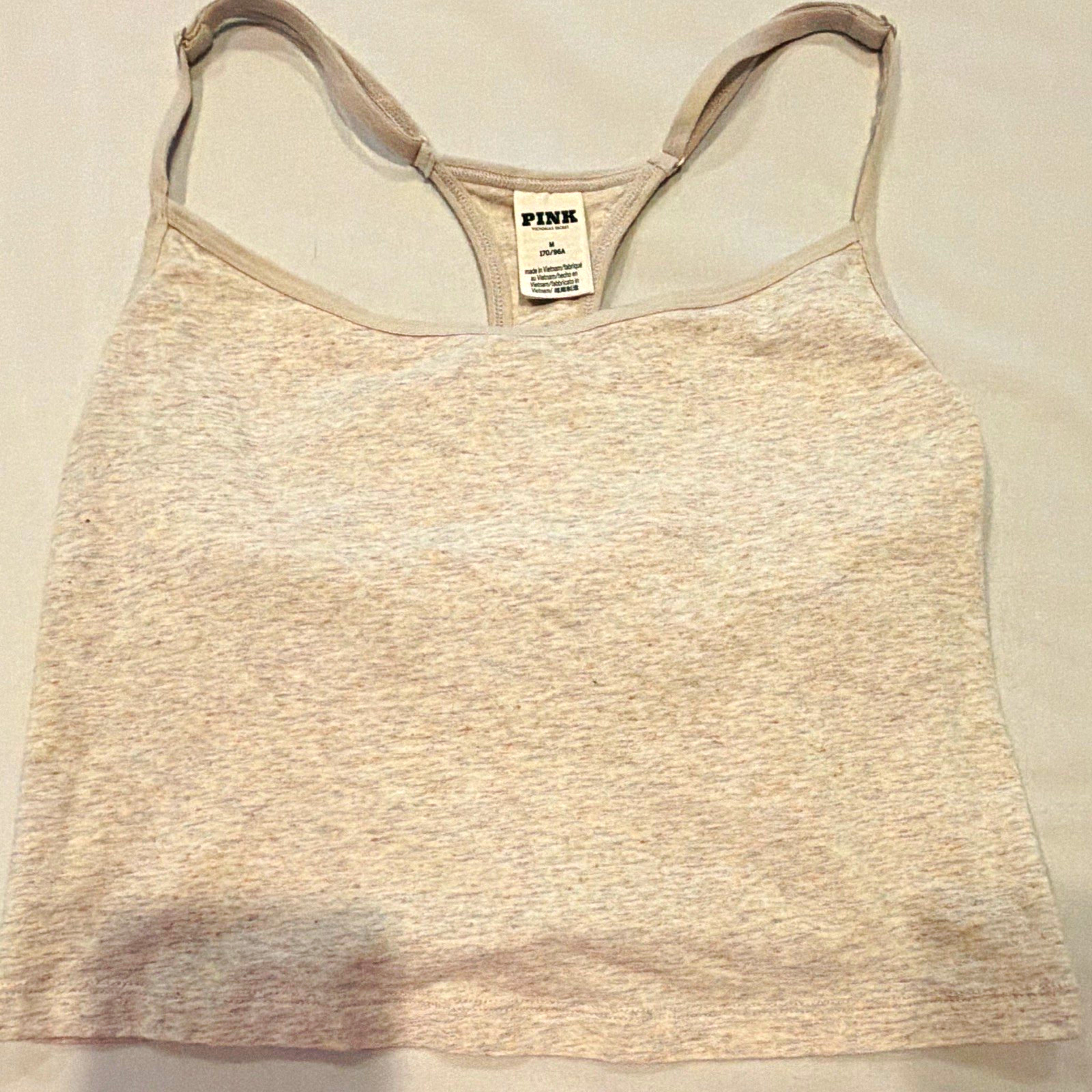 PINK Beige Logo Knit Racerback Tank Top Scoop Neck Sleeveless Women’s Size M