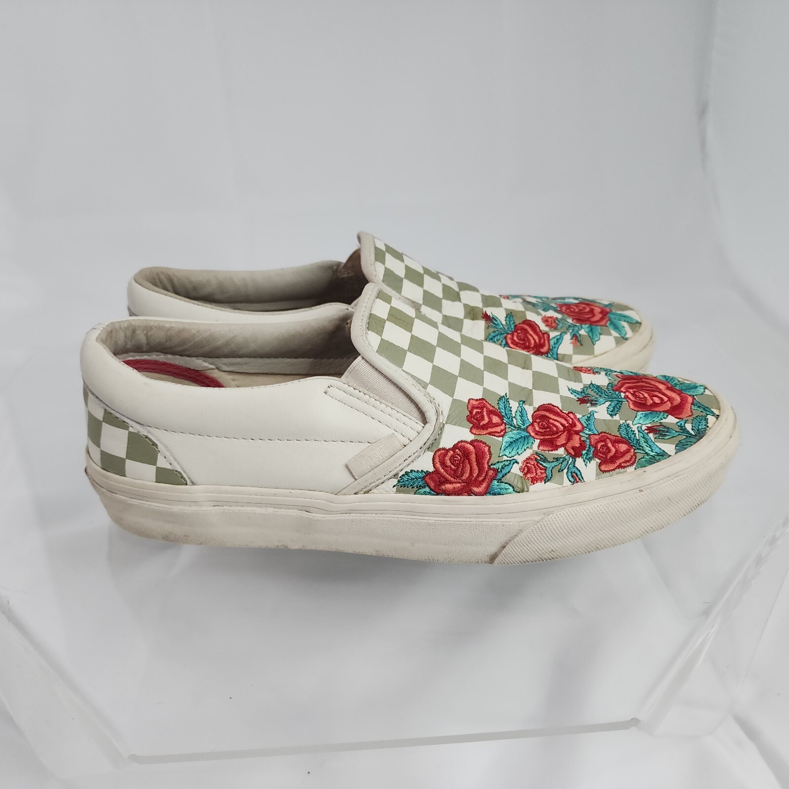 VANS Checkerboard Rose Embroidered Leather Slip On Men 8/Women 9.5 Grey Floral