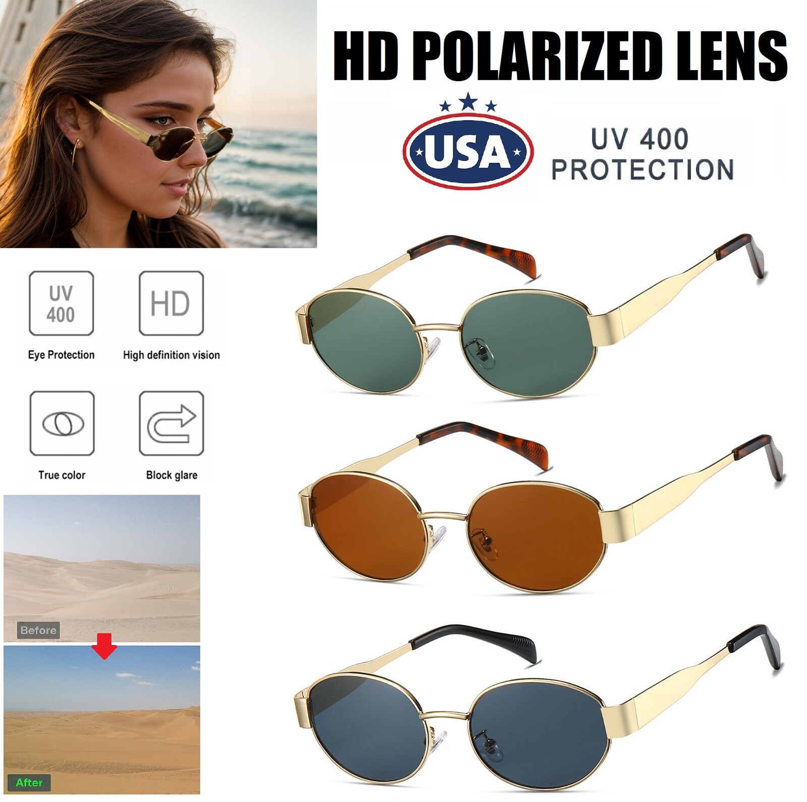 Oval Sunglasses Retro 90S Sunglasses Trendy Classic Shades Metal Frame Gold USA