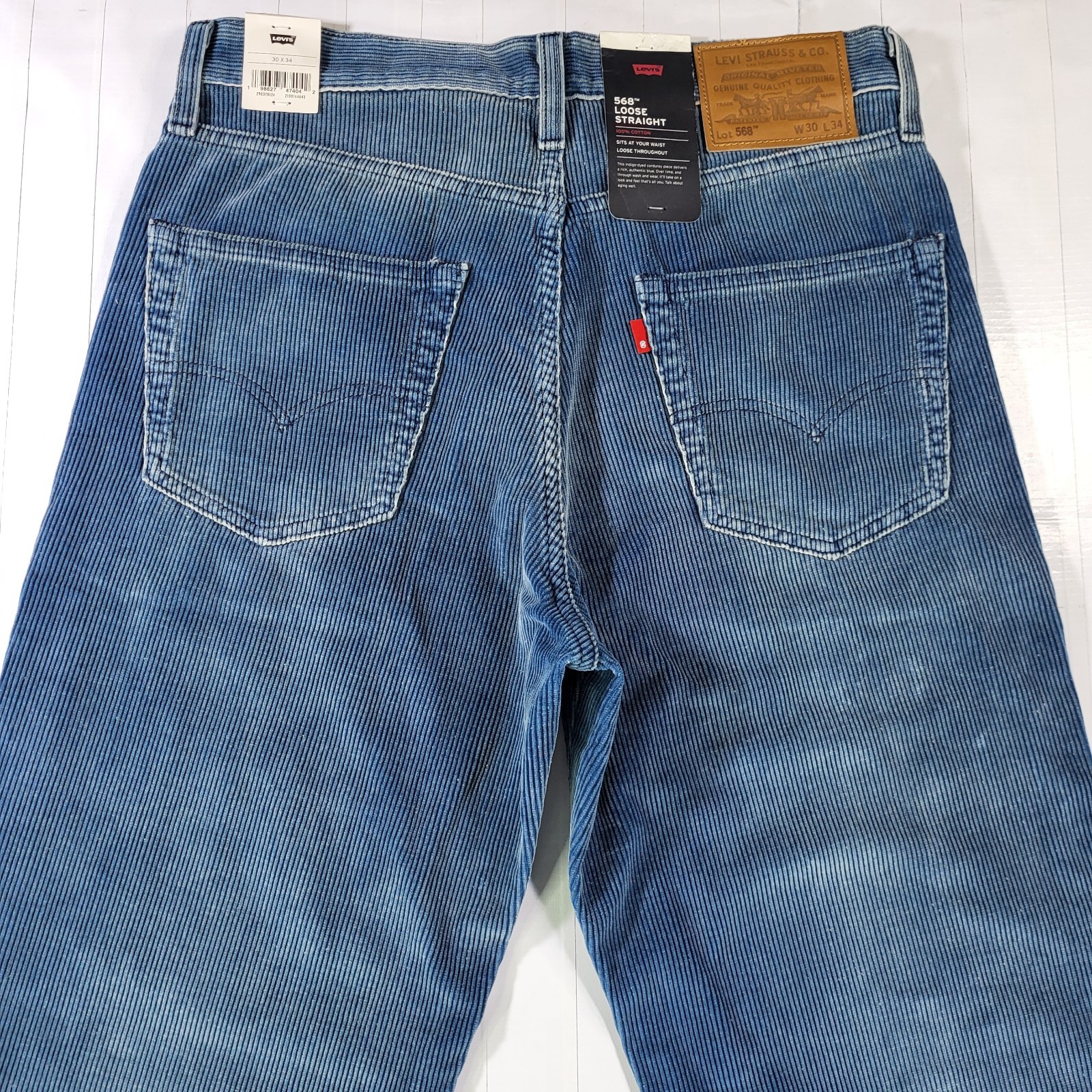 Levis Premium 568 Corduroy Jeans 30×34 New Loose Straight Men’s Blue New W Tags
