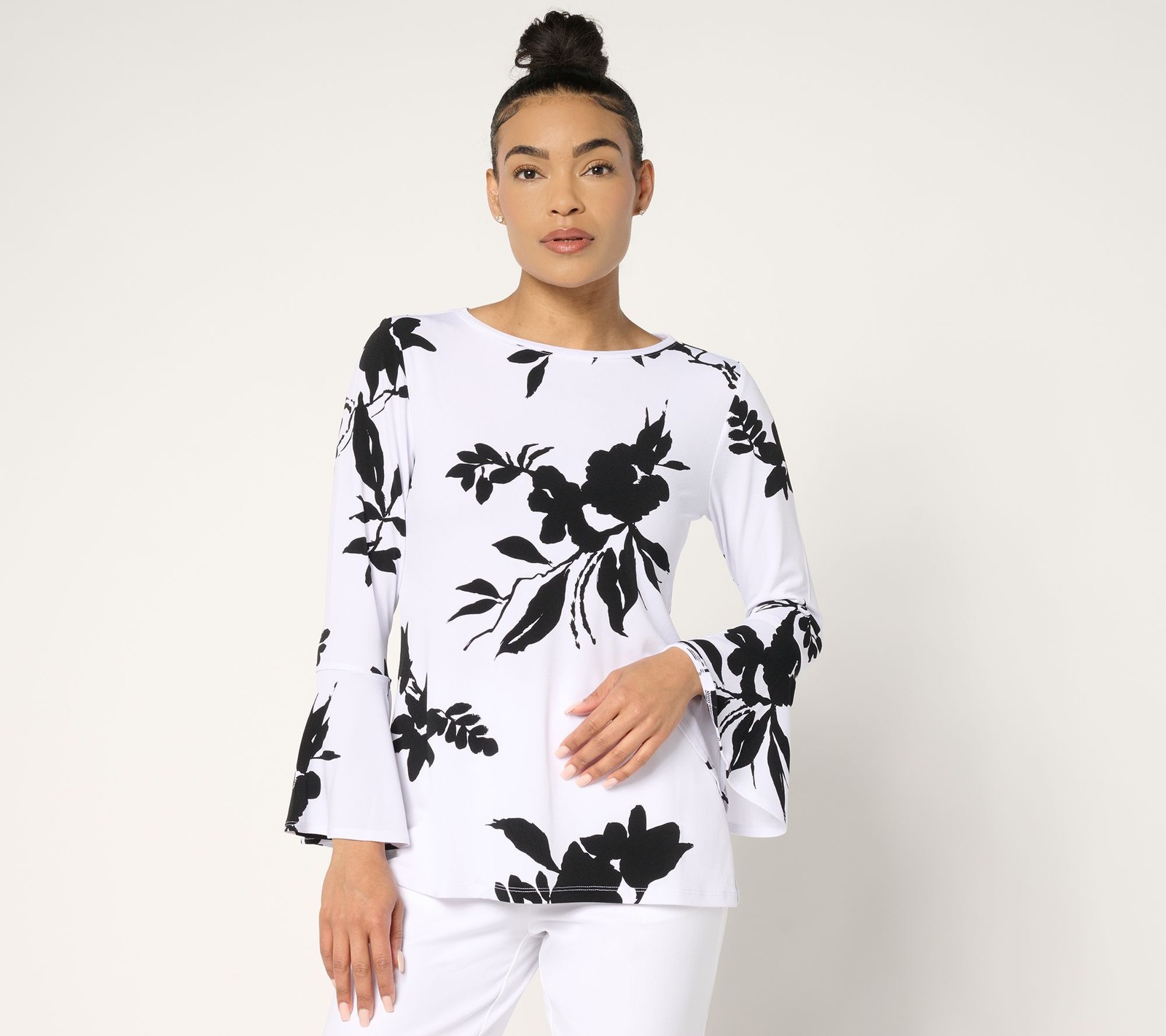 Dennis Basso Women’s Top Sz S Printed Caviar Crepe Bell Sleeve Black A694259