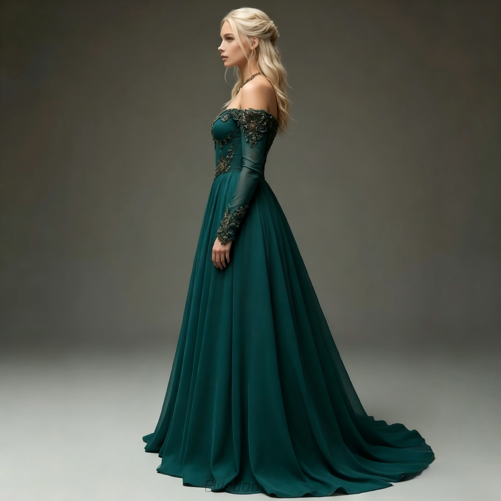 Teal Chiffon Gown Long Sheer Sleeve Corset Train Formal Wedding Evening Dresses