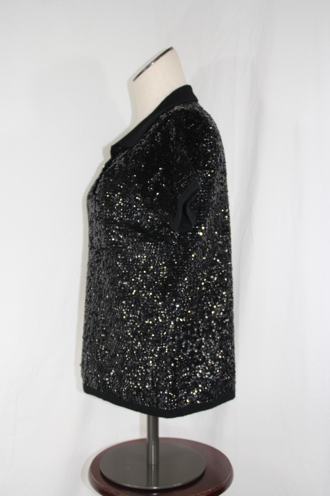 Lauren Ralph Lauren Black Sequin Merino Wool Knit Polo Sweater Holiday Top Sz. M