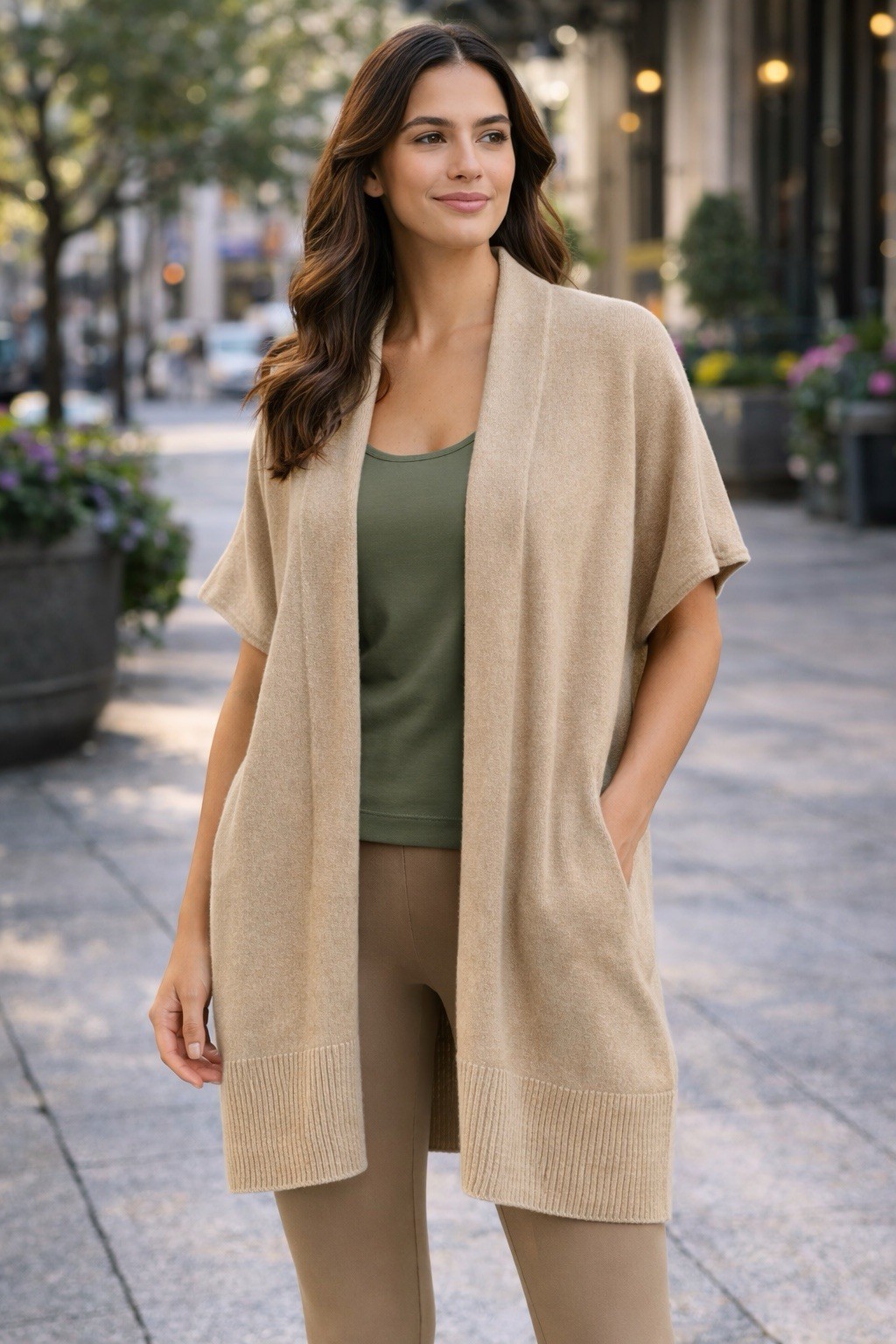 Leith Cashmere Knit Open Front Cardigan Sweater Beige Short Dolman Sleeve XS/S