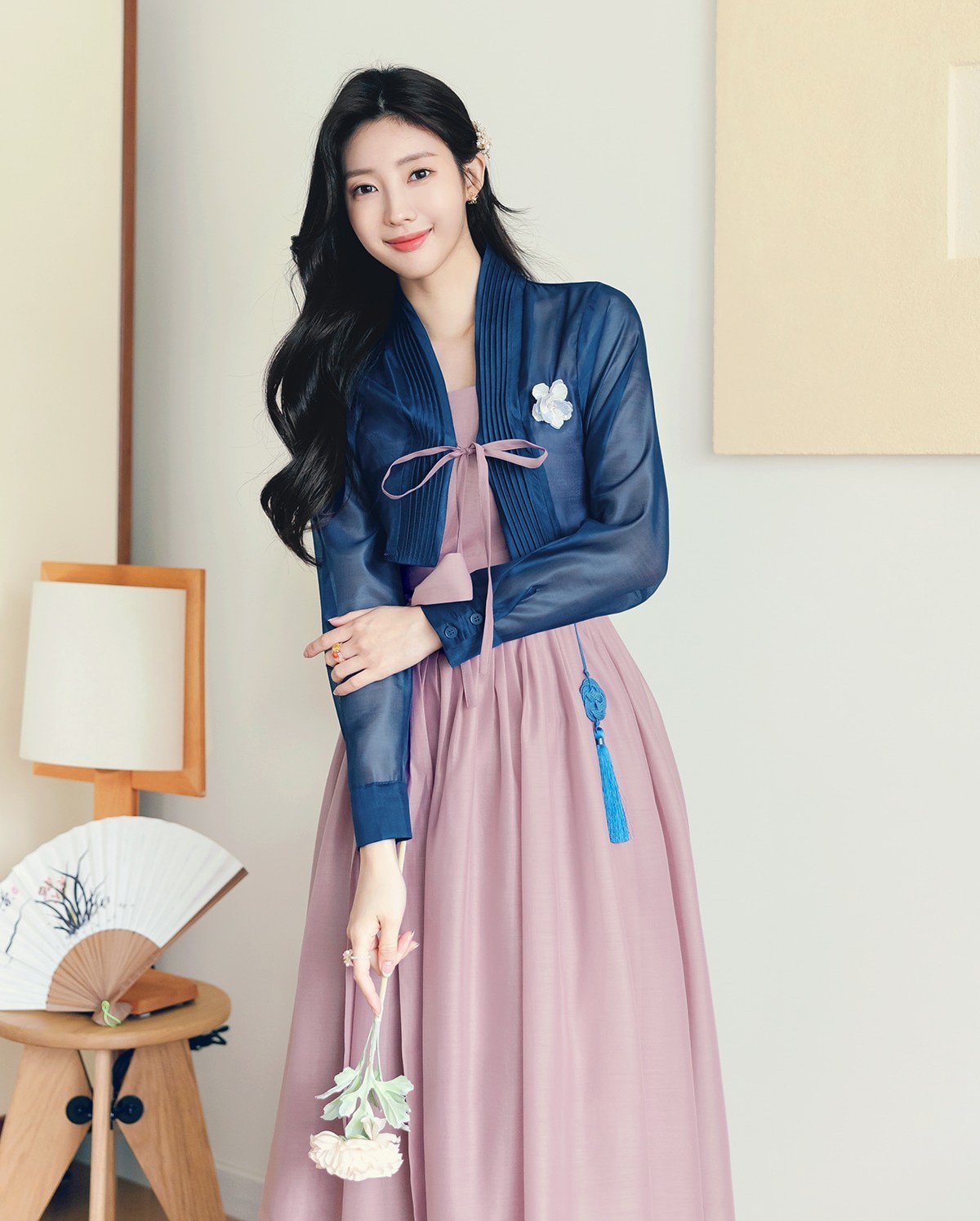 Korean Floral Blouse Hanbok. Azure Moon Sheer Organza Hanbok Jeogori