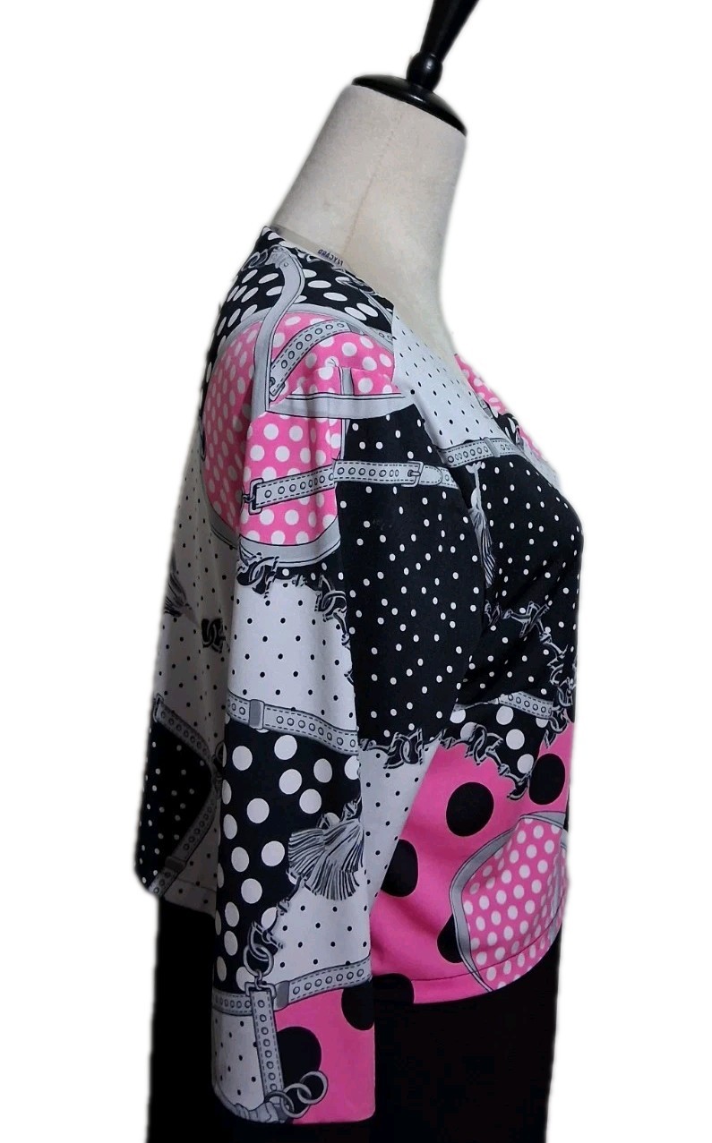 Nygard Layered Tunic Stretch Top Pink Black White Mixed Print 3/4 Sleeve Small