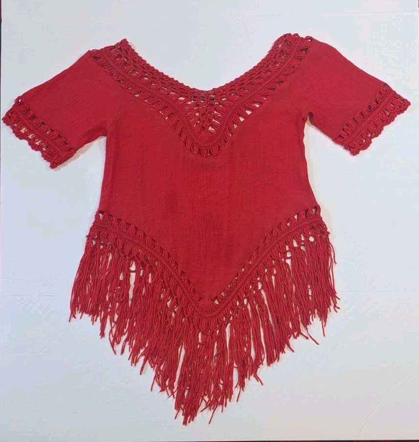Vivid Brand Crocheted Top Large Coral Red Crochet Fringe Hippie Boho Festival