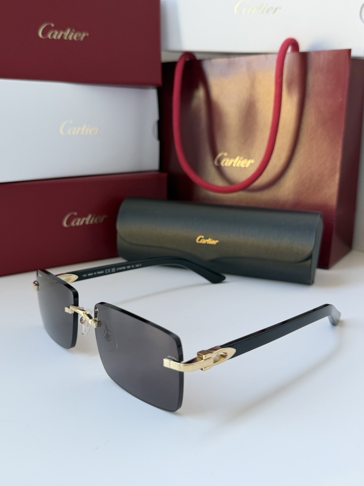 CARTIER CT0579S 005 Gold Black Dark Grey Lens Rectangular Sunglasses AUTHENTIC