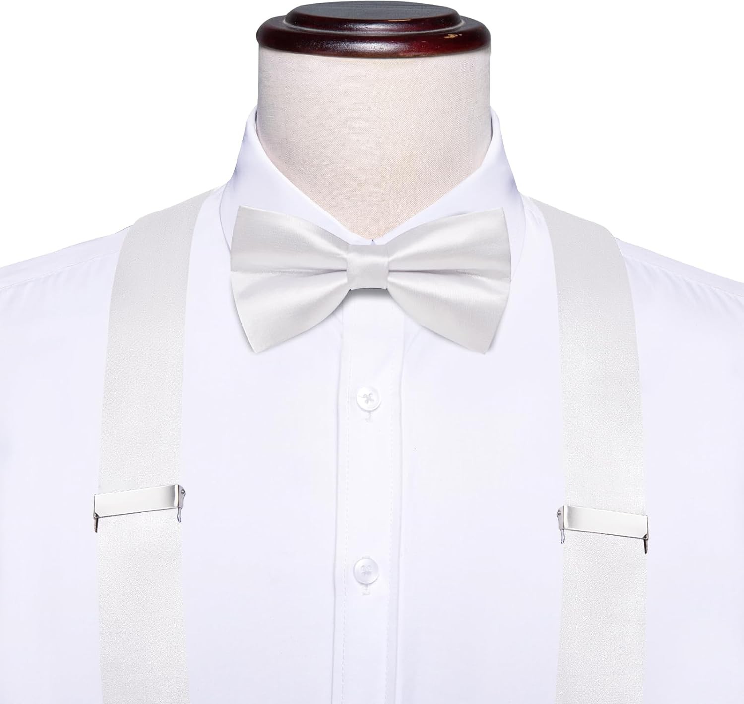 Hi-Tie Men Suspender Bowtie Set Suspenders Pre-tied Bow Tie Pocket White