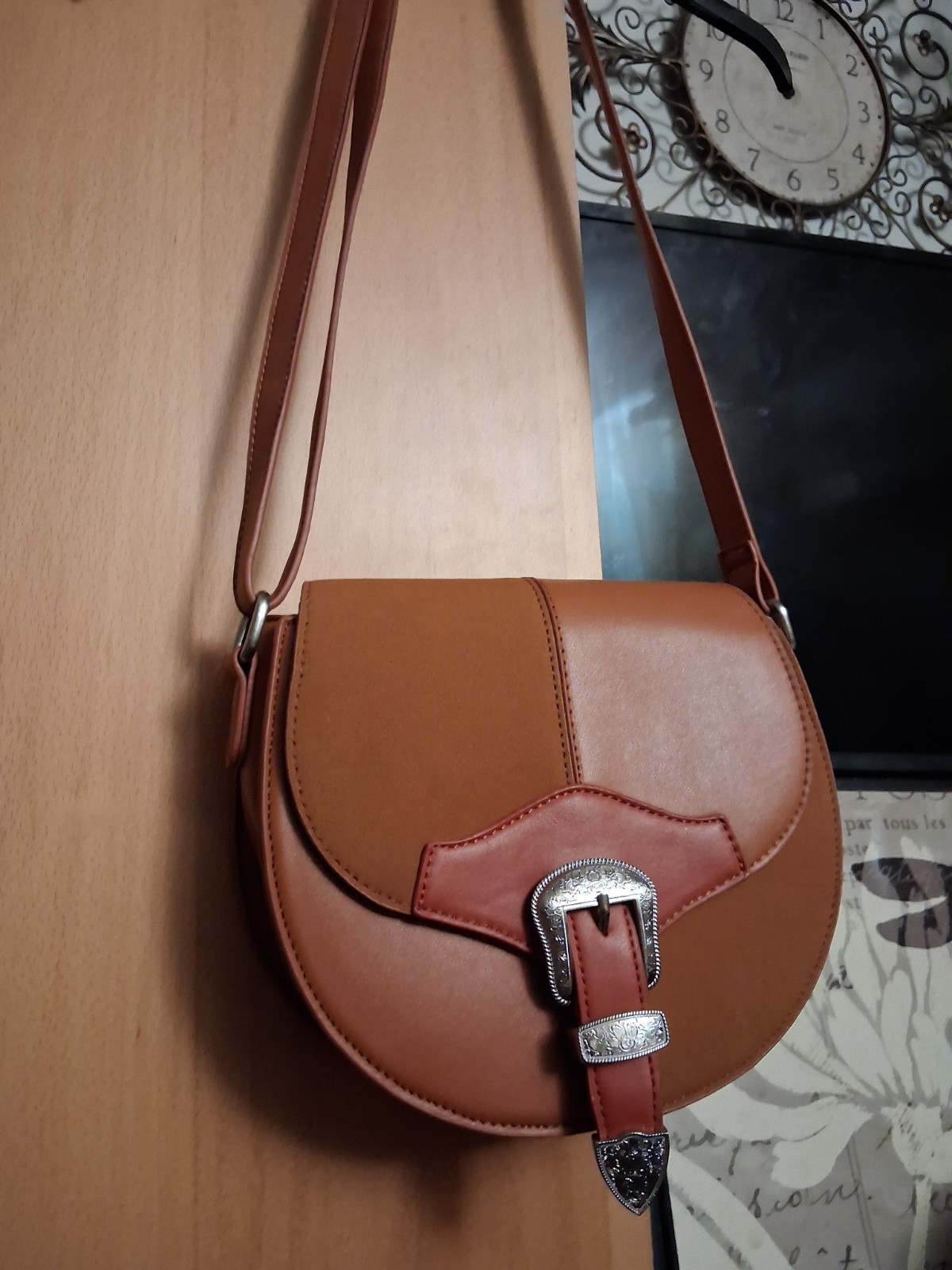 VENUS Brown Small Semi-Circle Crossbody Buckle Silver Hardware Inner Pockets