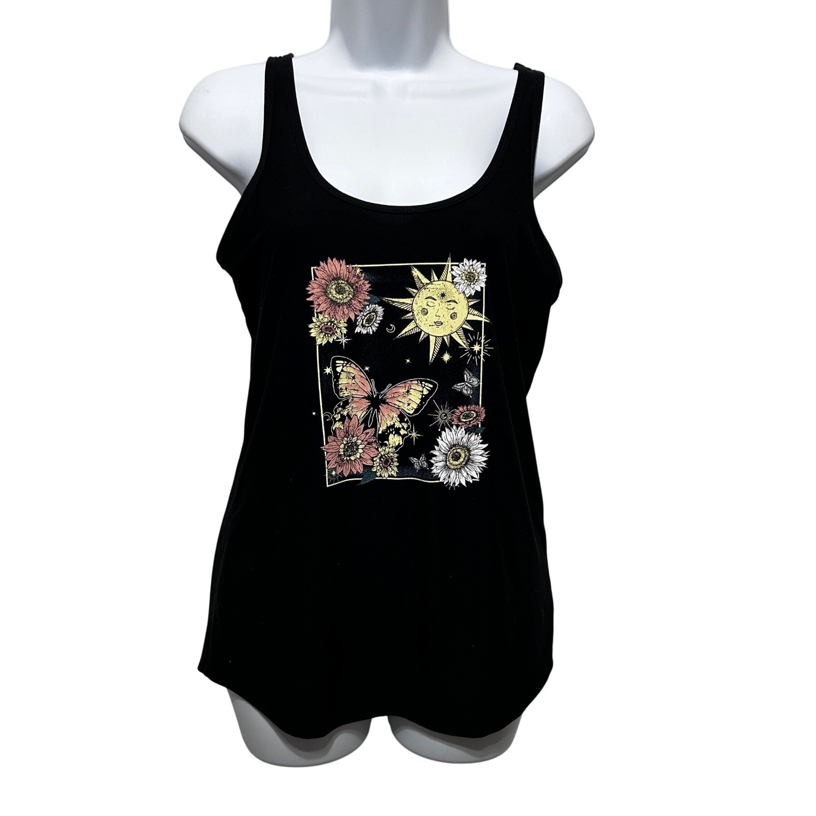 No Boundaries Juniors Tank Top L Black Celestial Butterfly Sun Moon Y2K Fairy
