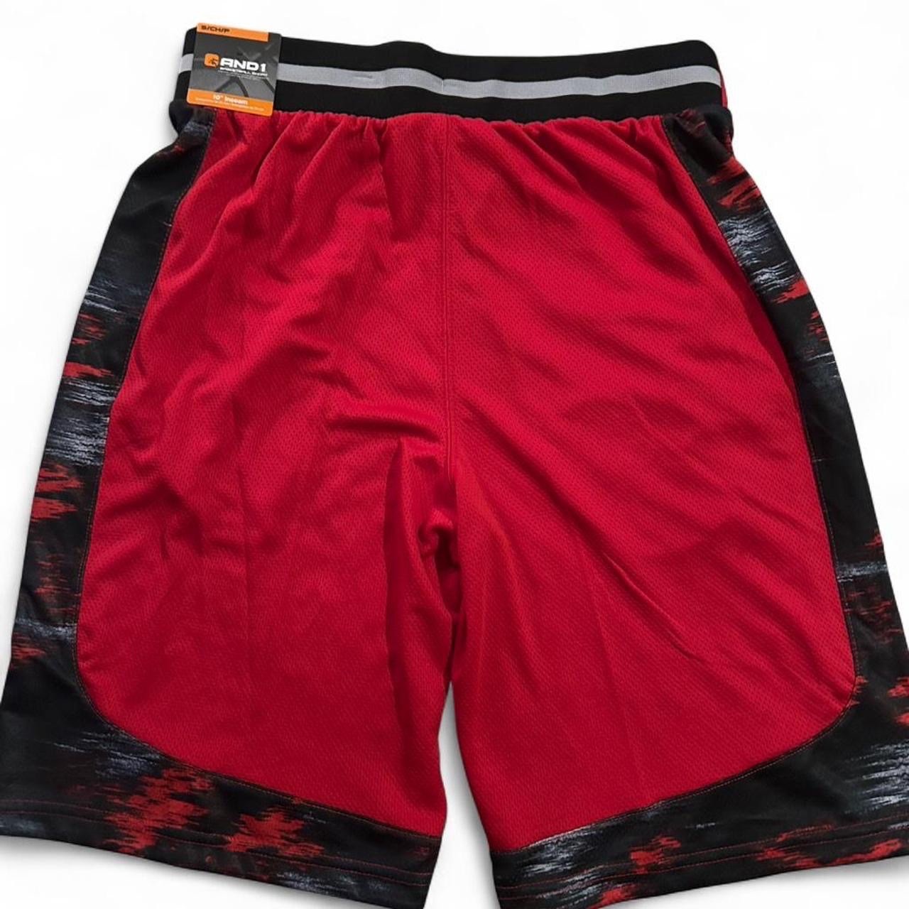 and1 red and black basketball shorts, small, 10in inseam