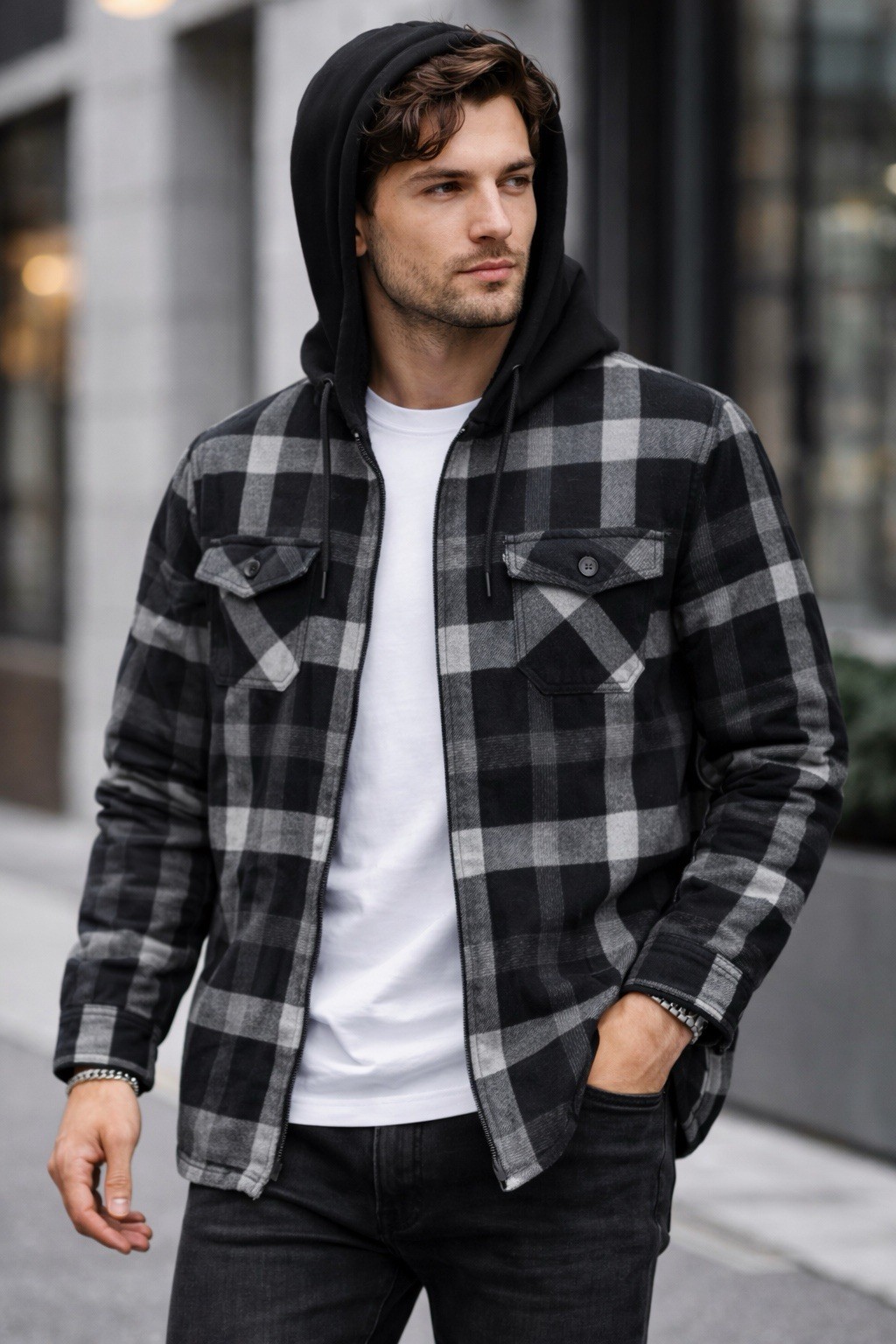 Men’s Sherpa Lined Flannel Hoodie Jacket Warm Zip Up Winter Coat M-XXL