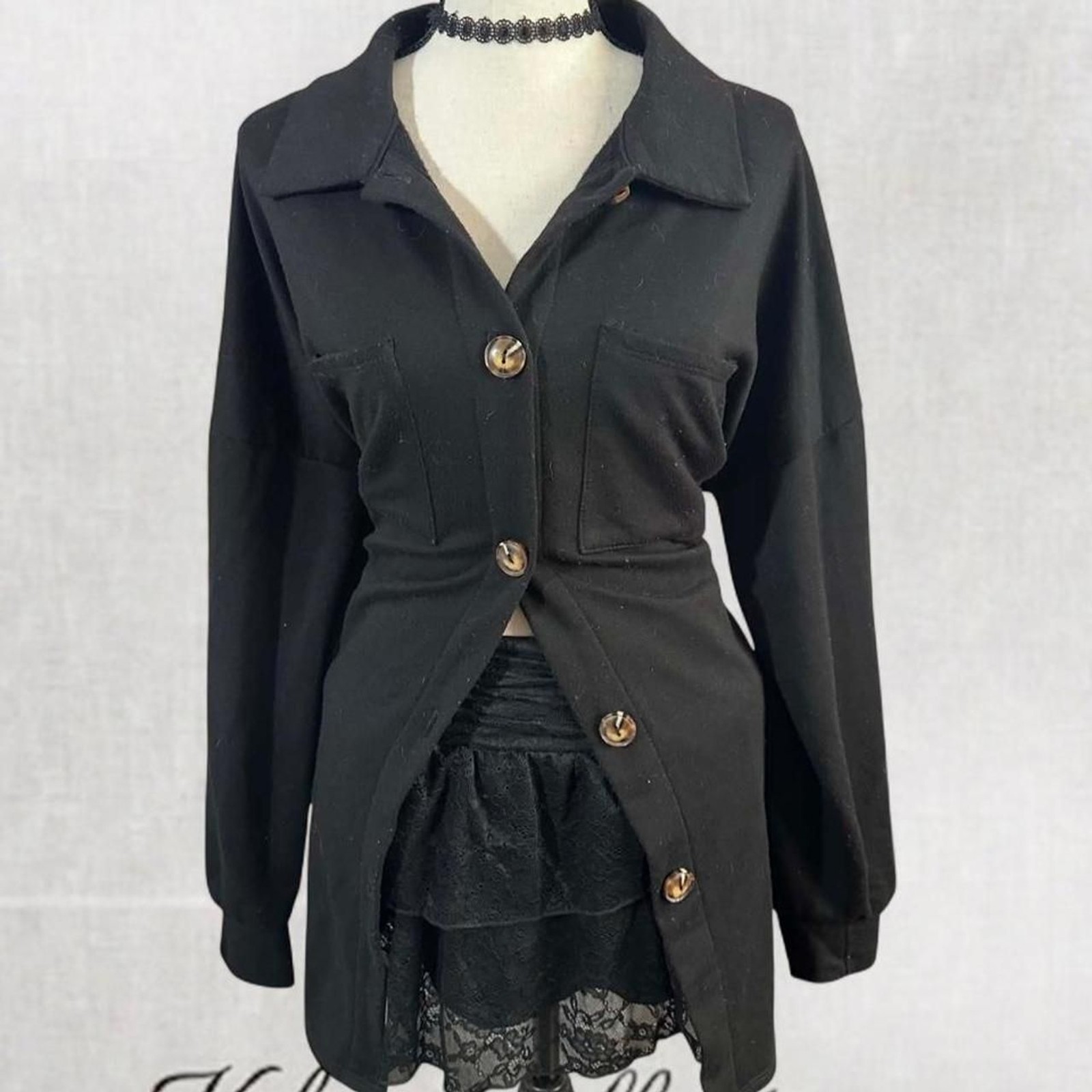 Edgy Mysterious Black Coat with Collar and Buttons.